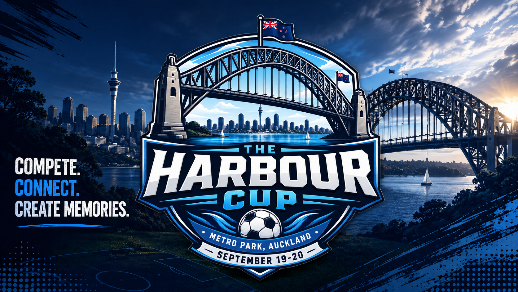 The Harbour Cup crest over the Auckland Harbour Bridge at sunset